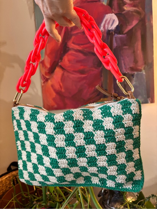 Clare V Handbags - Clare V. Flat Clutch with Tabs in Sea Green & Cream Mini Crochet Checker - EUC